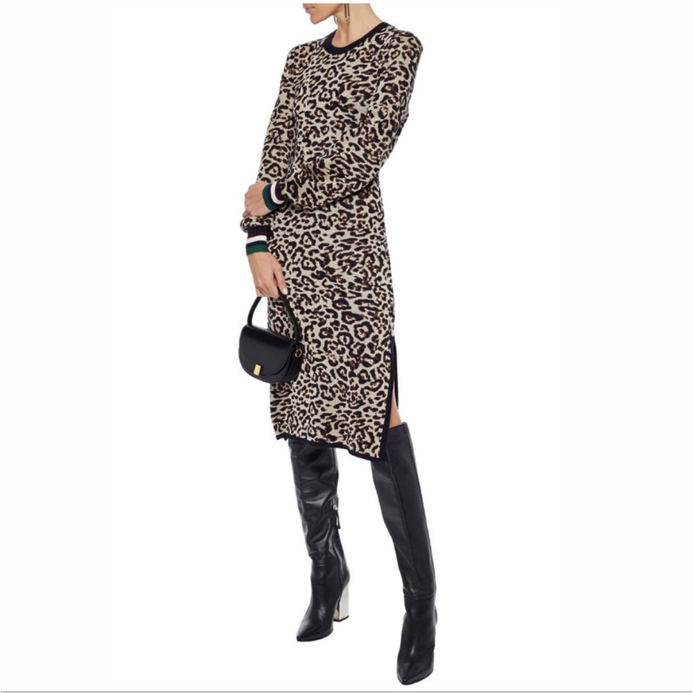 Leopard Print Long Sleeve Knit Dress - Beige/Black